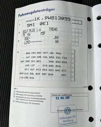 Volkswagen Golf Plus cena 20900 przebieg: 110500, rok produkcji 2008 z Szamocin małe 781